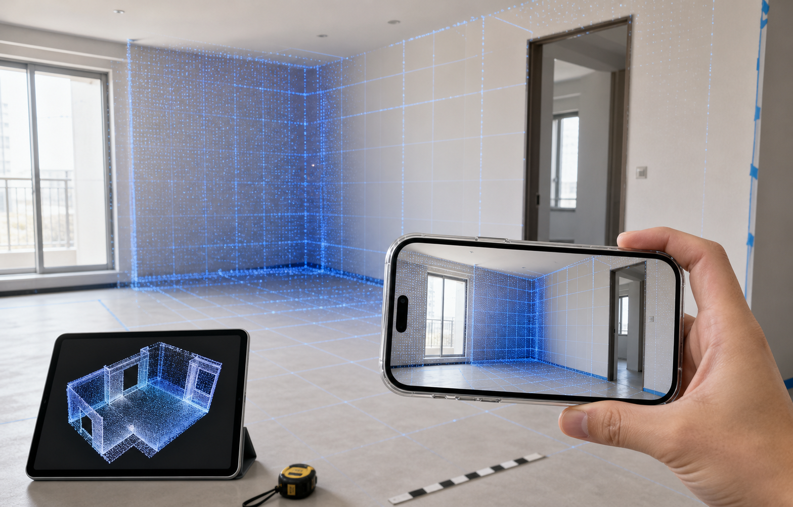 iPhoneのLiDARスキャンで部屋の点群と3D形状を確認している様子