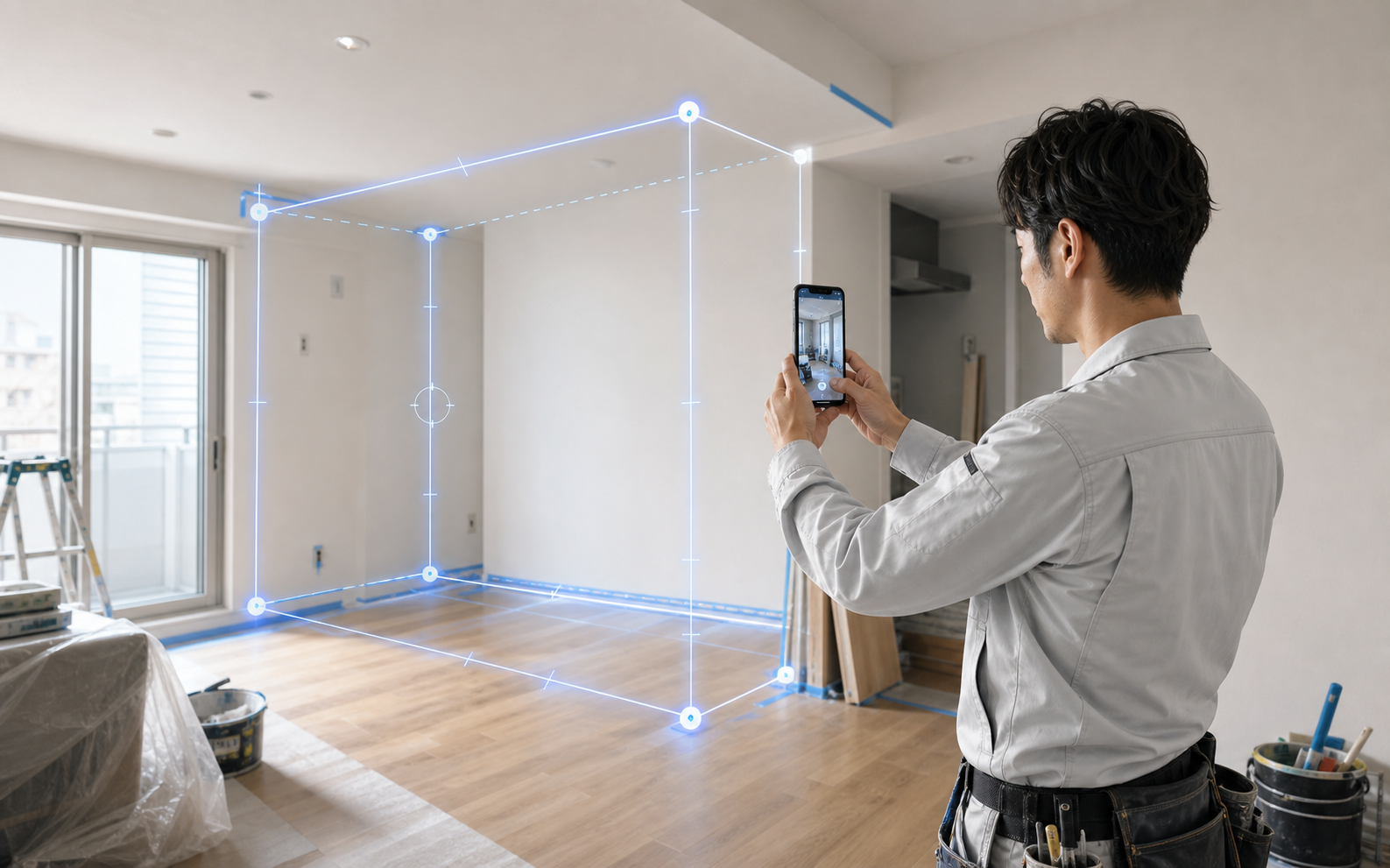 空室をiPhoneでスキャンし、壁面の寸法データを取得している様子