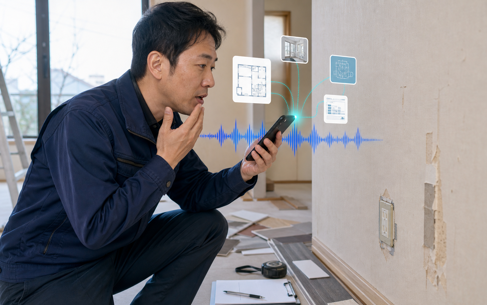 壁の補修箇所を見ながらスマホに音声メモを残す現場担当者