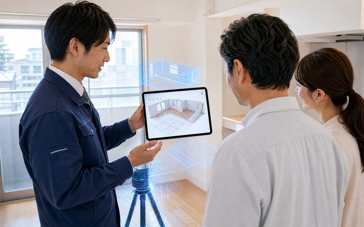内装業の担当者が現地でタブレットの3Dモデルを見せながら、施主の夫婦に工事範囲を説明している様子