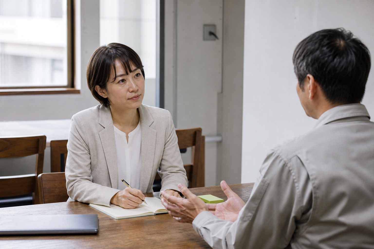 支援会社との打ち合わせで確認項目を共有する様子