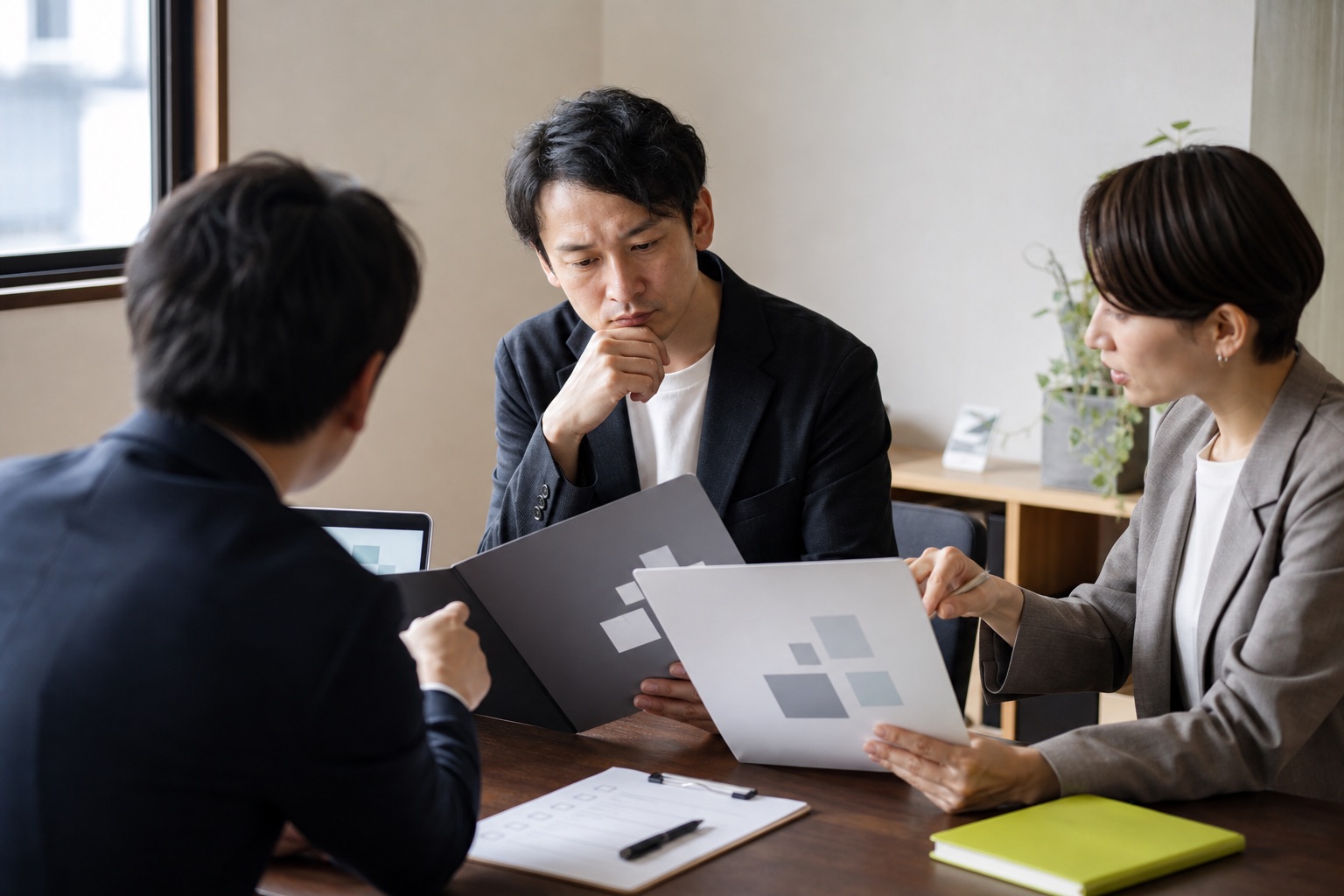 新規事業支援会社の提案と確認項目を比較する担当者